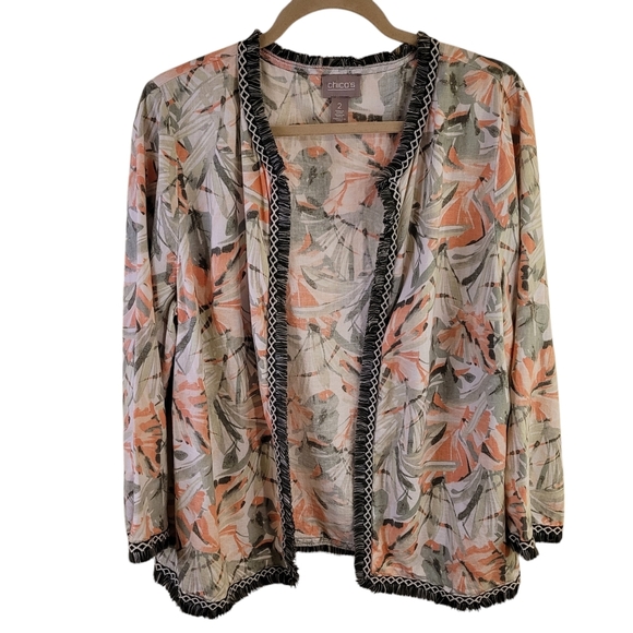Chico's tropical linen blend open front lightweight jacket - L.         D56 - Picture 1 of 8